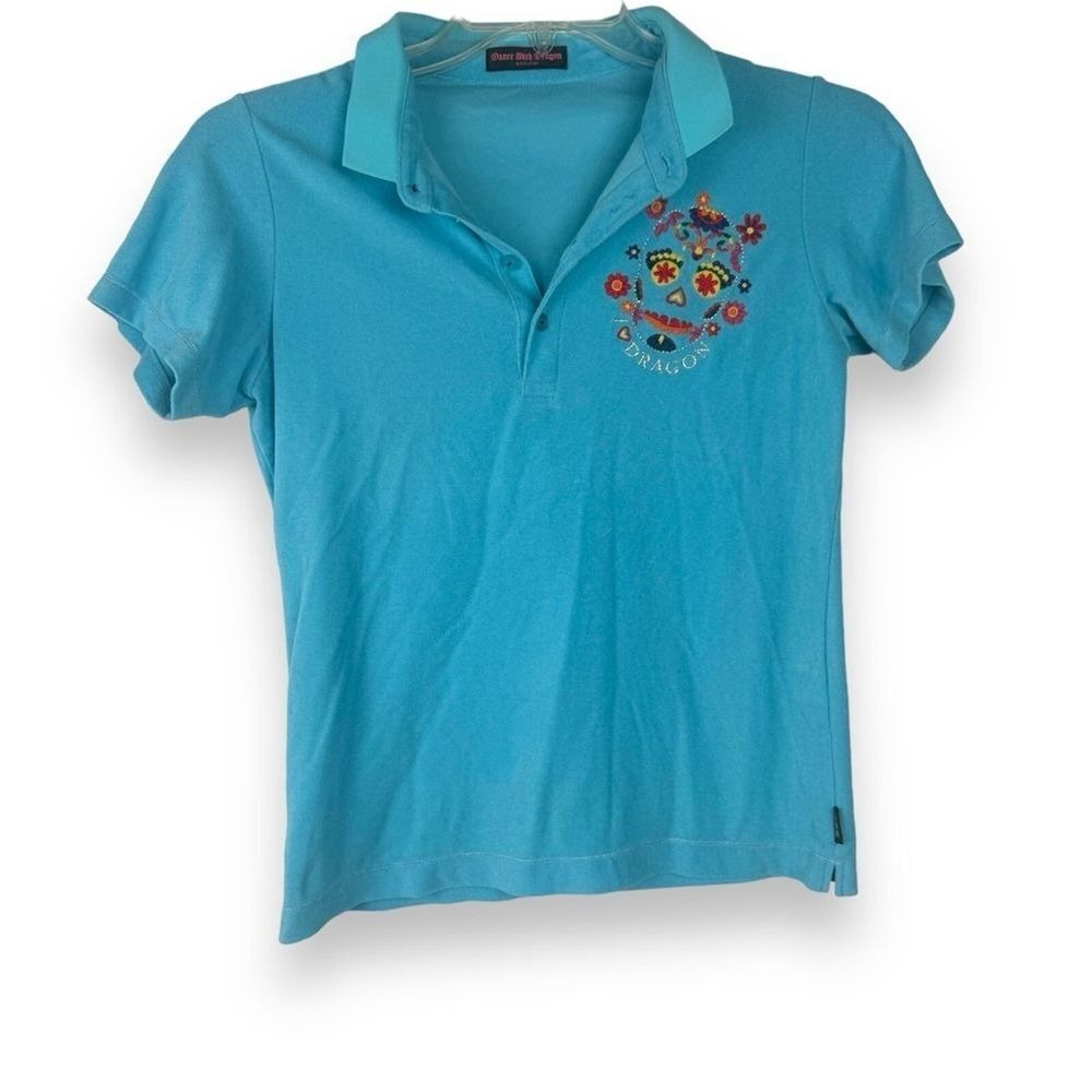 Dance With Dragon Kyoto Japan Skull Embroidered Shirt Womens Size Small Polo Top